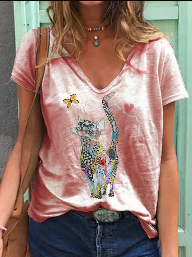 Blusa Informal De Manga Corta Con Estampado De Dibujos Animados De Mariposas Y Gatos