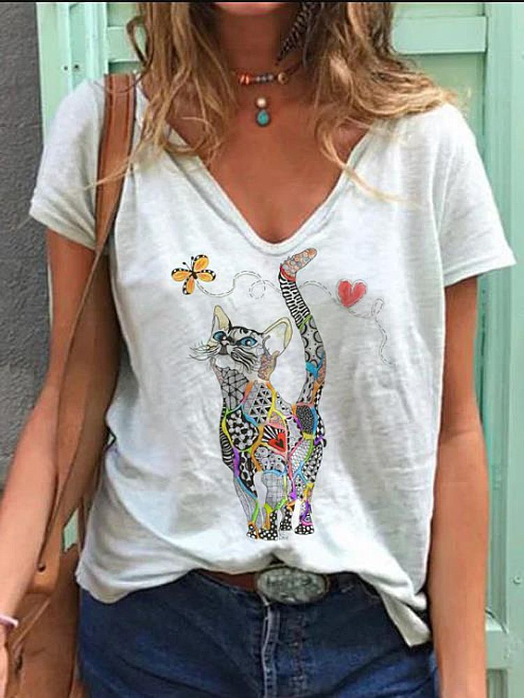 Blusa Informal De Manga Corta Con Estampado De Dibujos Animados De Mariposas Y Gatos