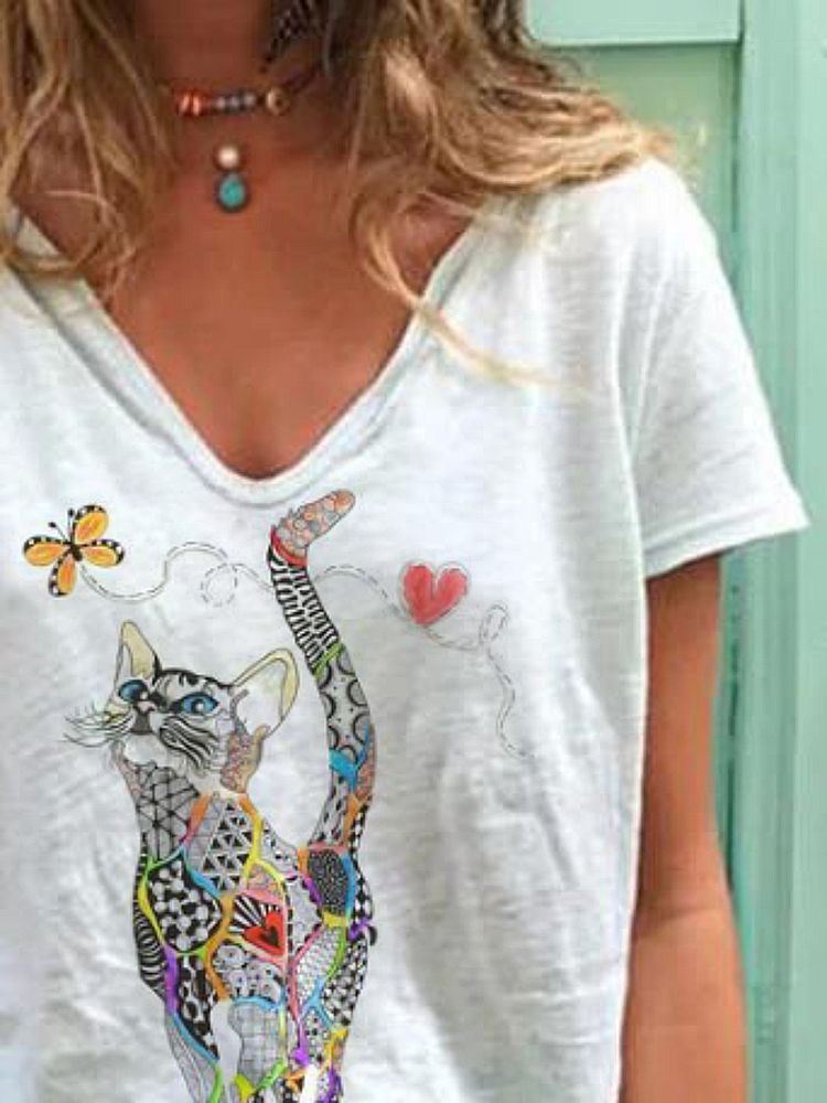 Blusa Informal De Manga Corta Con Estampado De Dibujos Animados De Mariposas Y Gatos