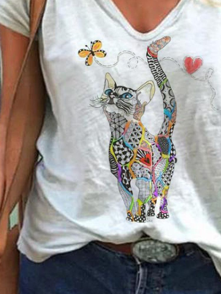 Blusa Informal De Manga Corta Con Estampado De Dibujos Animados De Mariposas Y Gatos