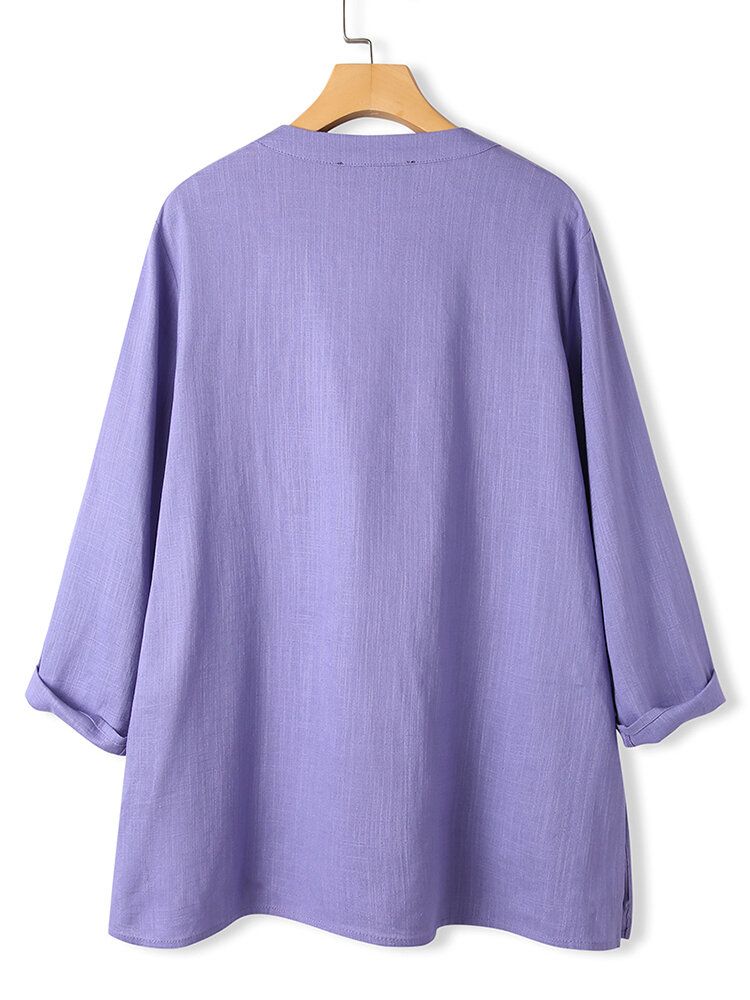 Blusa Informal De Manga Larga Con Bolsillo Con Escote En Muesca Y Dobladillo Dividido Simple Para Mujer