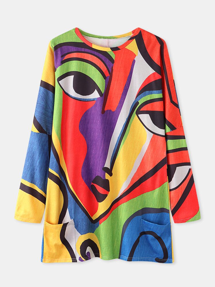 Blusa Informal De Manga Larga Con Bolsillo Con Estampado De Arte Abstracto Y Retrato Colorido Para Mujer