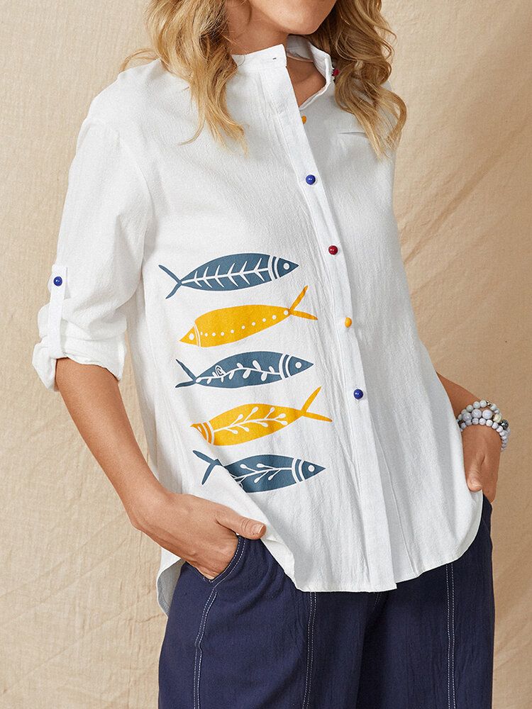 Blusa Informal De Manga Larga Con Cuello Alto Y Estampado De Peces De Dibujos Animados Para Mujer