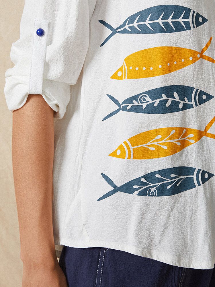 Blusa Informal De Manga Larga Con Cuello Alto Y Estampado De Peces De Dibujos Animados Para Mujer