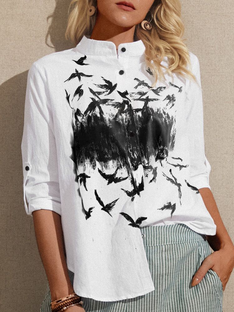 Blusa Informal De Manga Larga Con Cuello Alto Y Estampado De Pintura De Pájaros Para Mujer