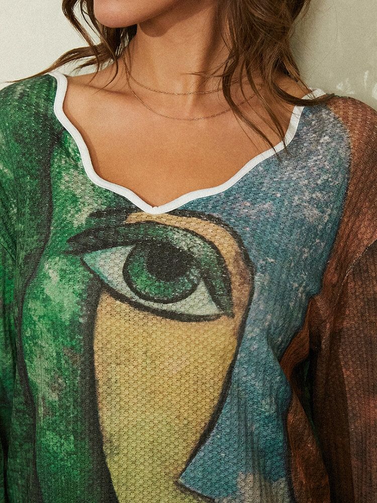 Blusa Informal De Manga Larga Con Cuello Asimétrico Con Estampado De Arte Abstracto Para Mujer