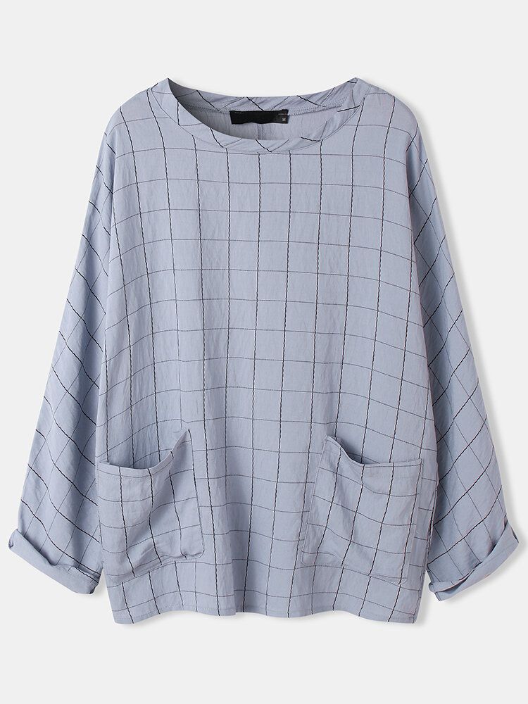 Blusa Informal De Manga Larga Con Cuello Redondo Y Bolsillo Delantero Suelto A Cuadros Para Mujer