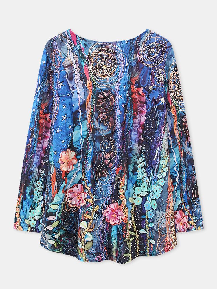 Blusa Informal De Manga Larga Con Cuello Redondo Y Estampado Floral Colorido Para Mujer