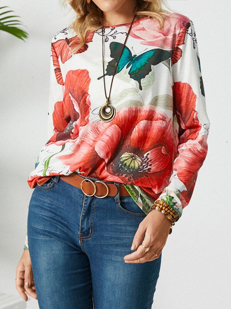 Blusa Informal De Manga Larga Con Cuello Redondo Y Estampado De Mariposas Y Flores Para Mujer