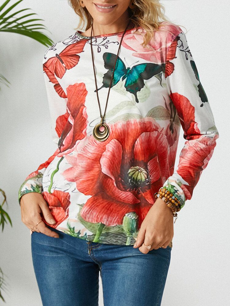 Blusa Informal De Manga Larga Con Cuello Redondo Y Estampado De Mariposas Y Flores Para Mujer