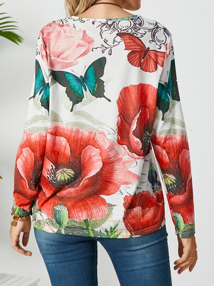 Blusa Informal De Manga Larga Con Cuello Redondo Y Estampado De Mariposas Y Flores Para Mujer