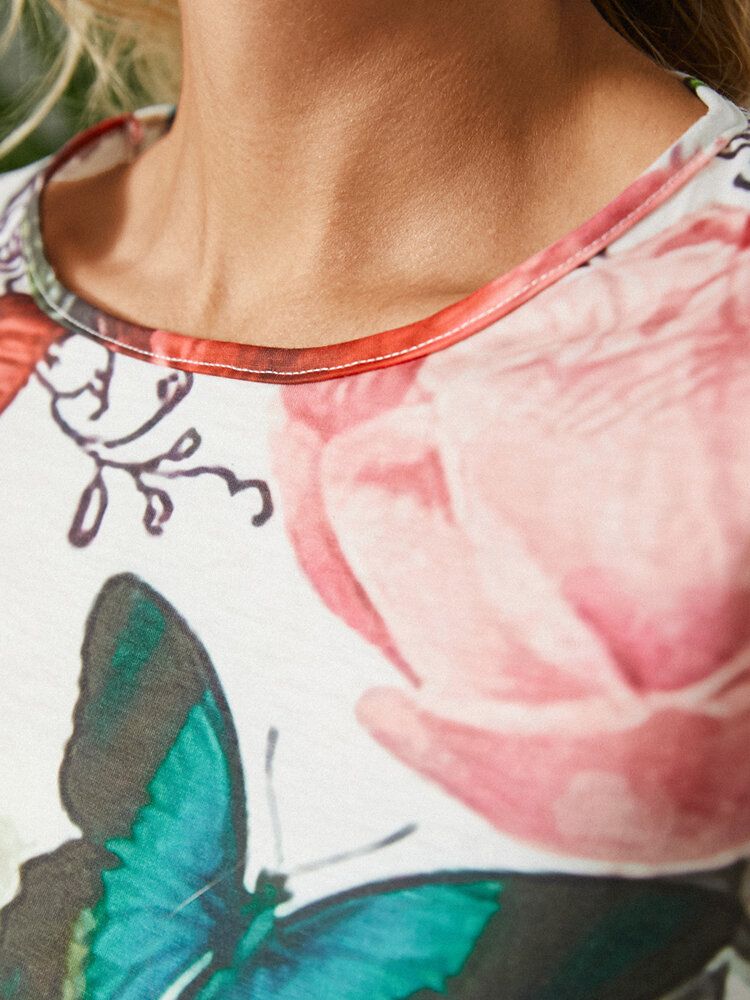 Blusa Informal De Manga Larga Con Cuello Redondo Y Estampado De Mariposas Y Flores Para Mujer