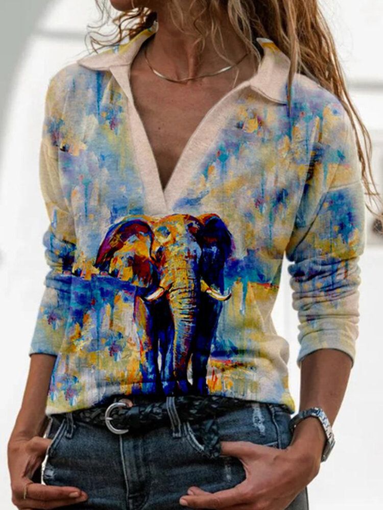 Blusa Informal De Manga Larga Con Cuello En V Y Estampado De Graffiti Con Pintura De Elefante Para Mujer