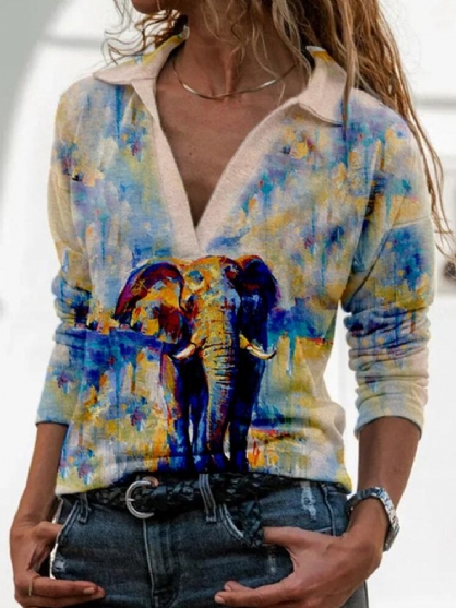 Blusa Informal De Manga Larga Con Cuello En V Y Estampado De Graffiti Con Pintura De Elefante Para Mujer