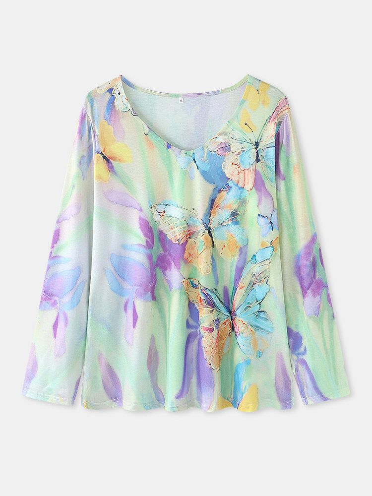 Blusa Informal De Manga Larga Con Cuello En V Y Estampado De Mariposas Florales Multicolores Para Mujer