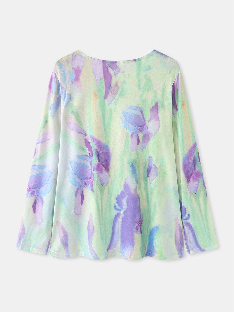 Blusa Informal De Manga Larga Con Cuello En V Y Estampado De Mariposas Florales Multicolores Para Mujer