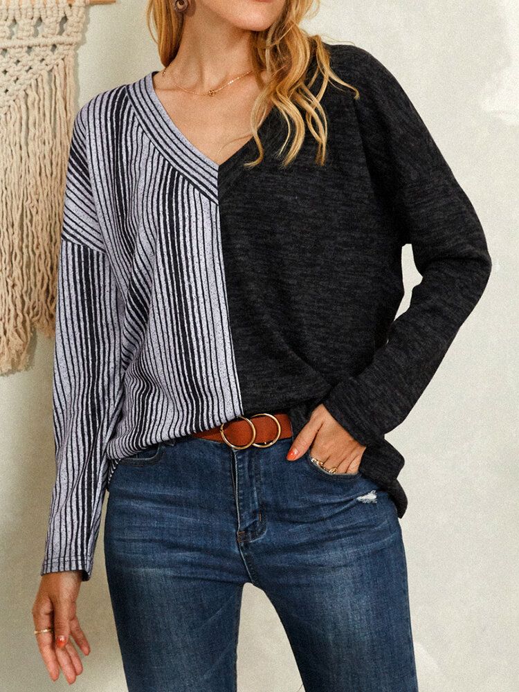 Blusa Informal De Manga Larga Con Cuello En V Y Estampado De Rayas Para Mujer