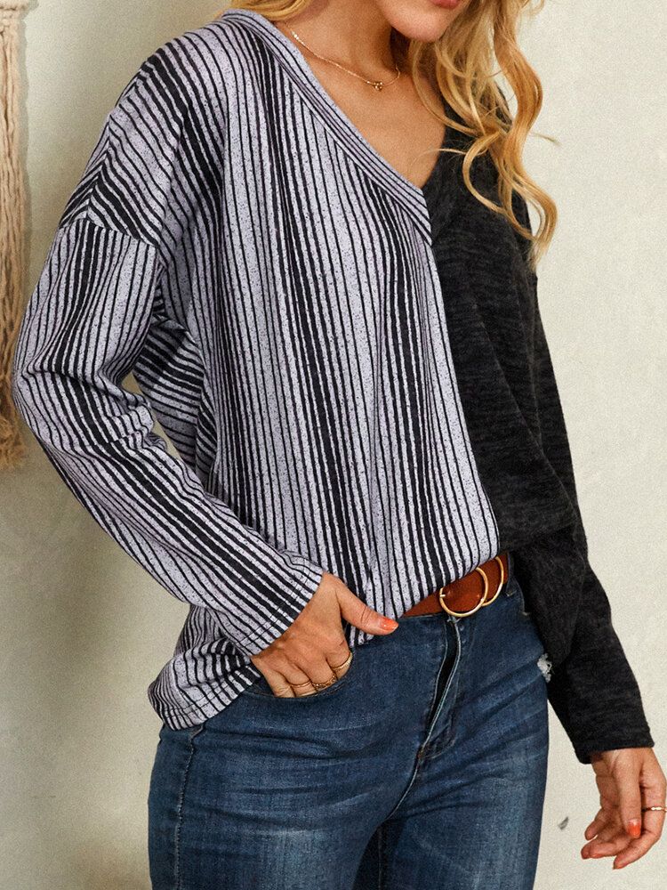 Blusa Informal De Manga Larga Con Cuello En V Y Estampado De Rayas Para Mujer