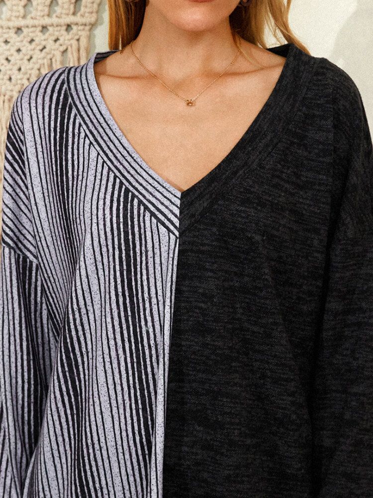 Blusa Informal De Manga Larga Con Cuello En V Y Estampado De Rayas Para Mujer