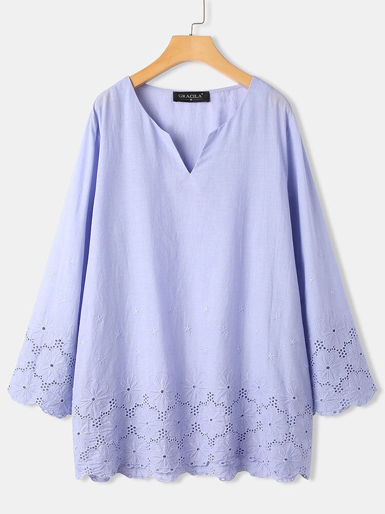 Blusa Informal De Manga Larga Con Escote Con Muesca Floral Para Mujer