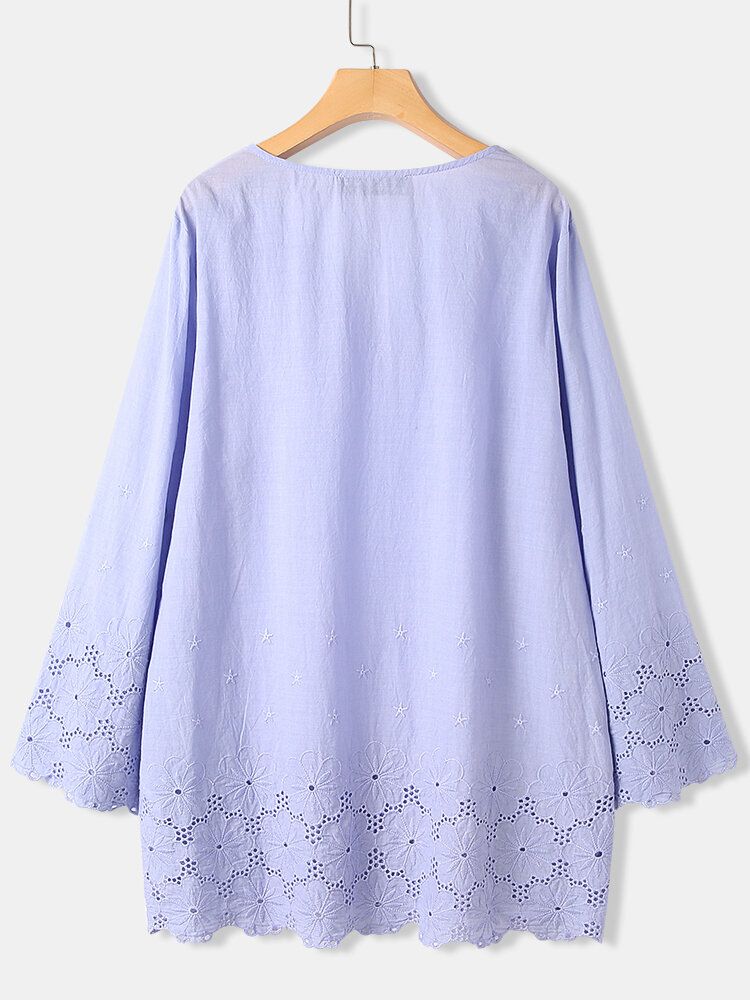 Blusa Informal De Manga Larga Con Escote Con Muesca Floral Para Mujer