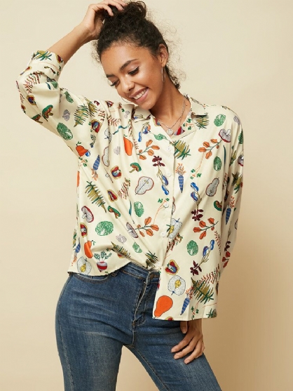 Blusa Informal De Manga Larga Con Estampado De Vegetales Y Frutas Para Mujer