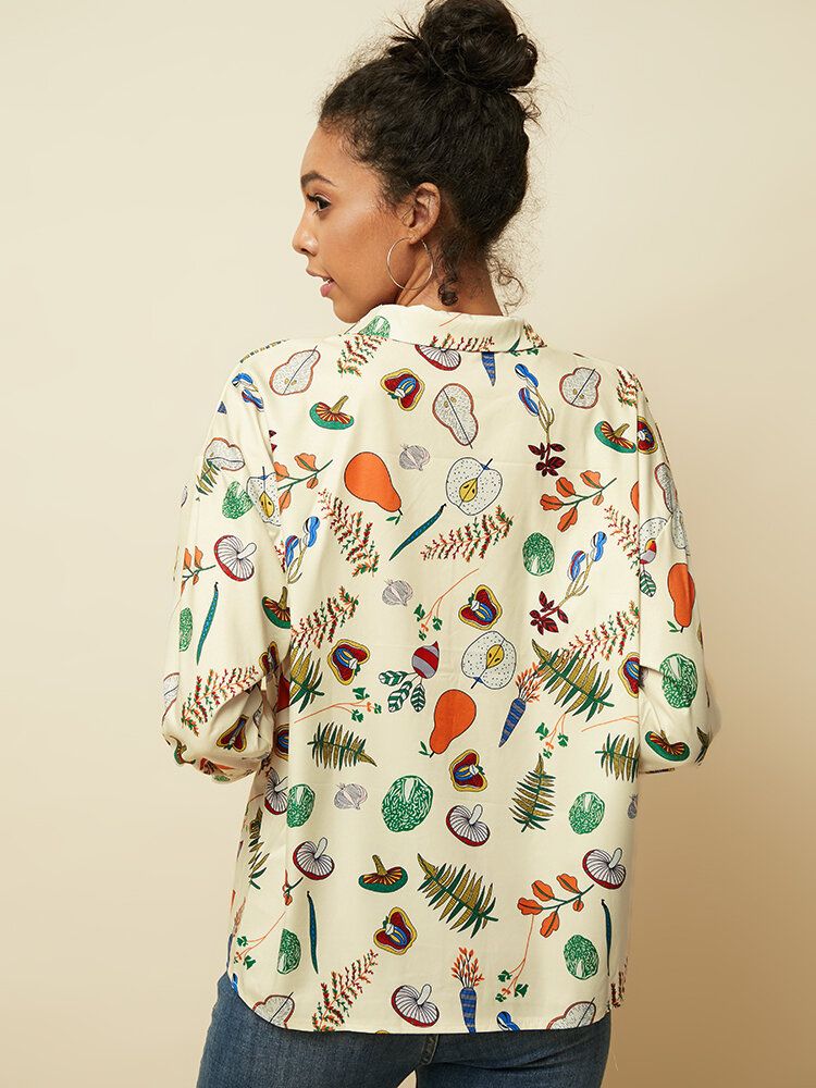 Blusa Informal De Manga Larga Con Estampado De Vegetales Y Frutas Para Mujer