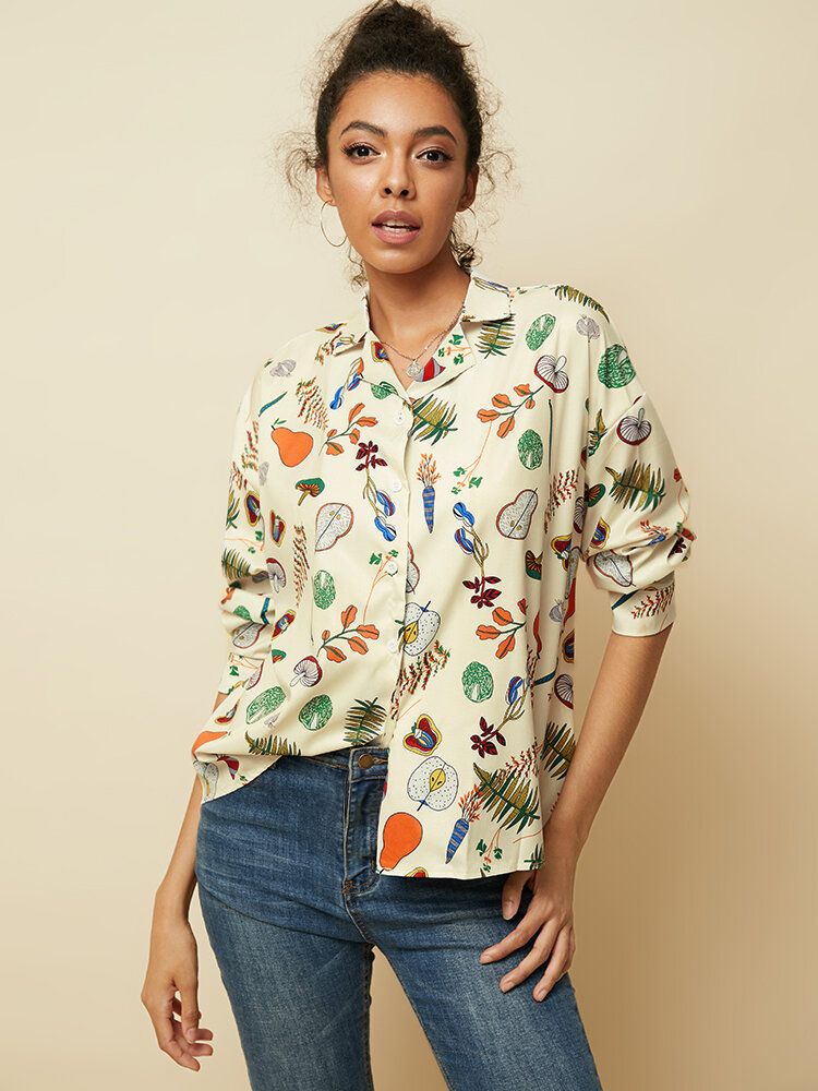 Blusa Informal De Manga Larga Con Estampado De Vegetales Y Frutas Para Mujer