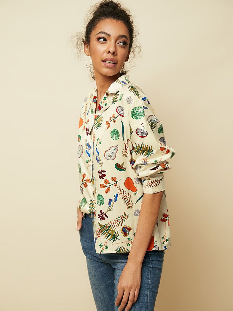 Blusa Informal De Manga Larga Con Estampado De Vegetales Y Frutas Para Mujer