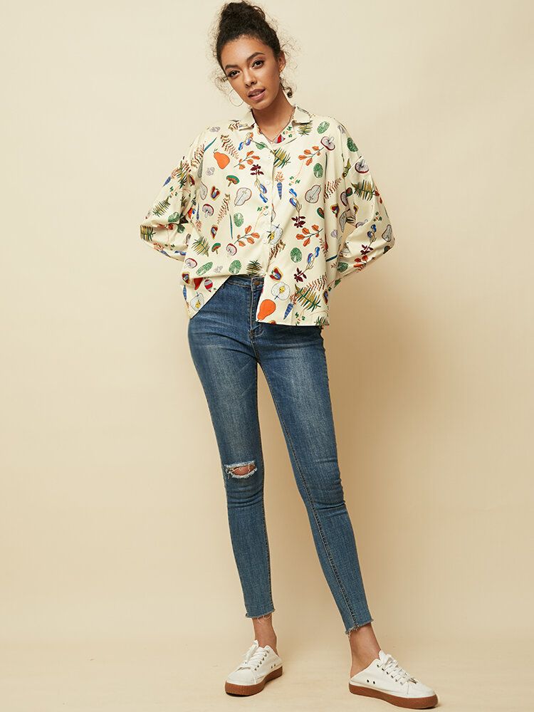 Blusa Informal De Manga Larga Con Estampado De Vegetales Y Frutas Para Mujer