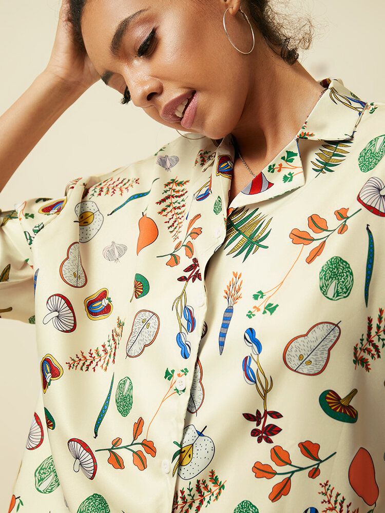 Blusa Informal De Manga Larga Con Estampado De Vegetales Y Frutas Para Mujer