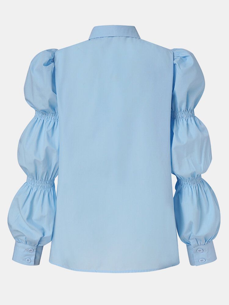 Blusa Informal De Manga De Linterna Elástica Con Solapa De Color Sólido Para Mujer