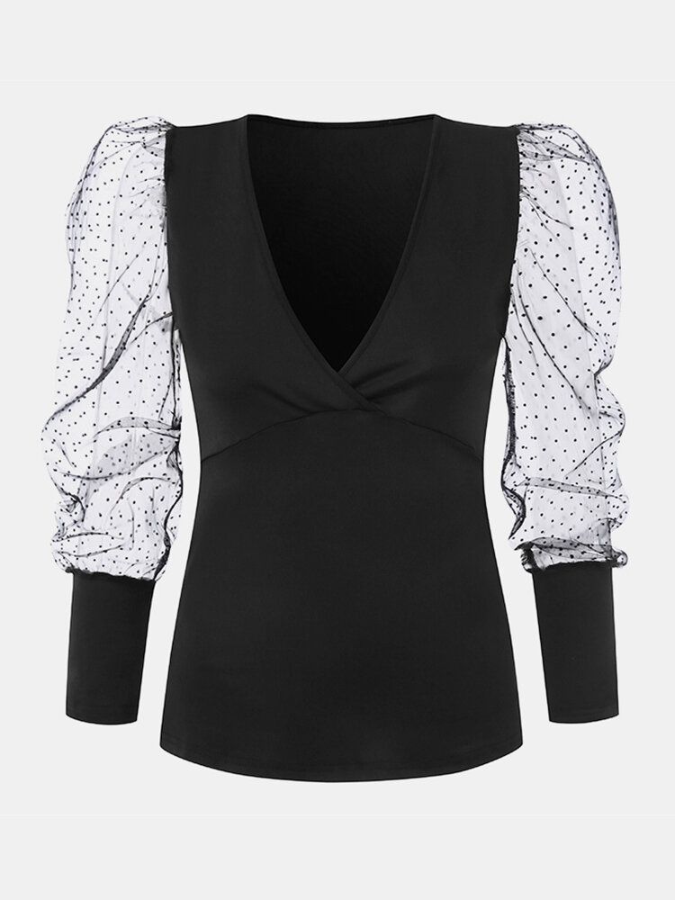 Blusa Informal De Punto Con Cuello En V Y Manga Abullonada De Malla De Lunares Para Mujer