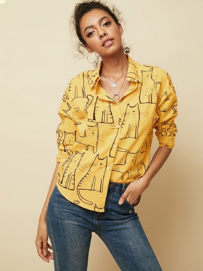 Blusa Informal Suelta De Manga Larga Con Solapa Con Estampado De Gato Para Mujer