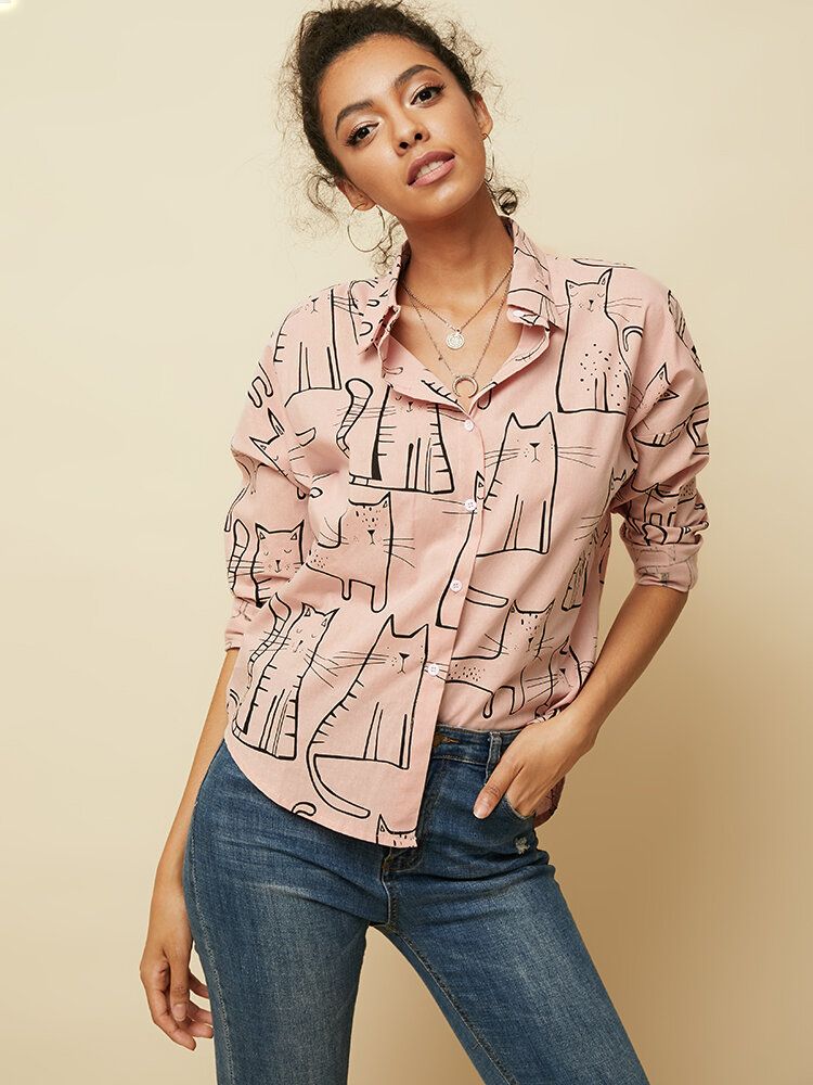 Blusa Informal Suelta De Manga Larga Con Solapa Con Estampado De Gato Para Mujer