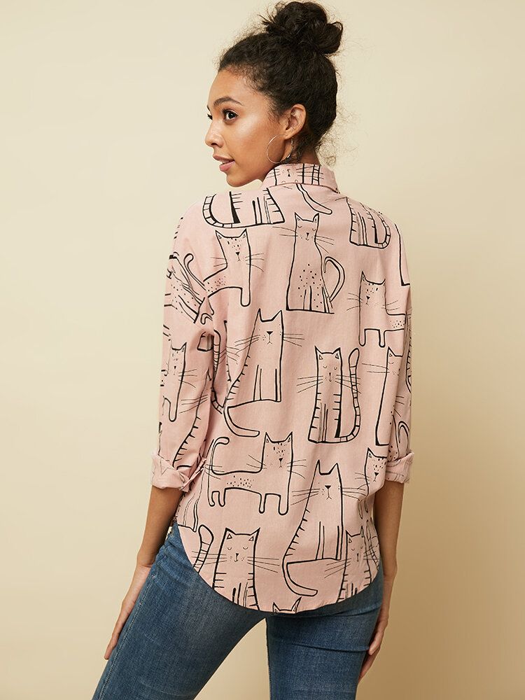 Blusa Informal Suelta De Manga Larga Con Solapa Con Estampado De Gato Para Mujer