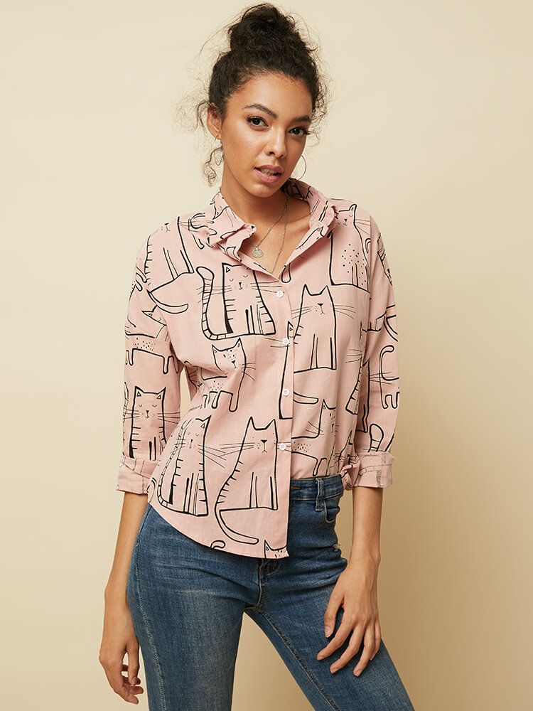 Blusa Informal Suelta De Manga Larga Con Solapa Con Estampado De Gato Para Mujer