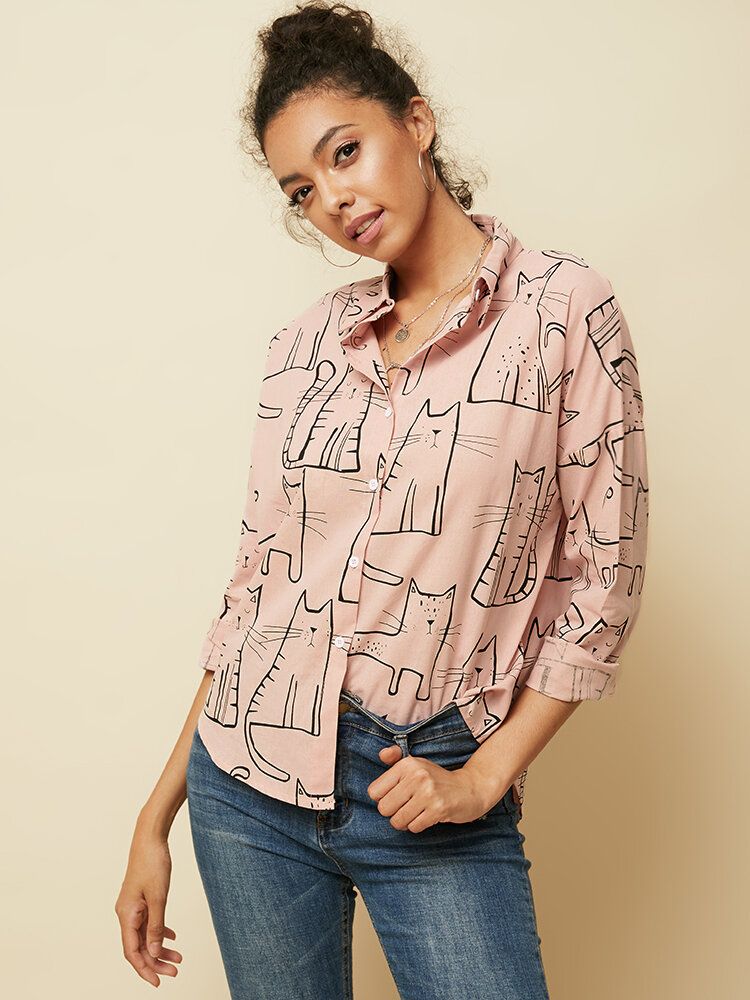 Blusa Informal Suelta De Manga Larga Con Solapa Con Estampado De Gato Para Mujer