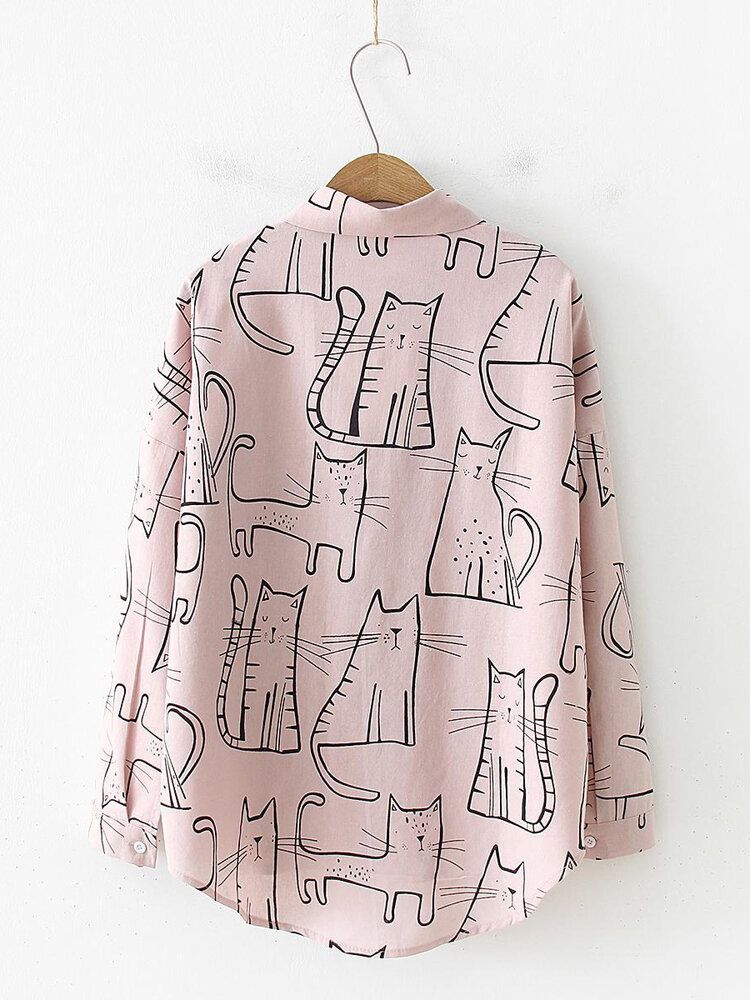 Blusa Informal Suelta De Manga Larga Con Solapa Con Estampado De Gato Para Mujer