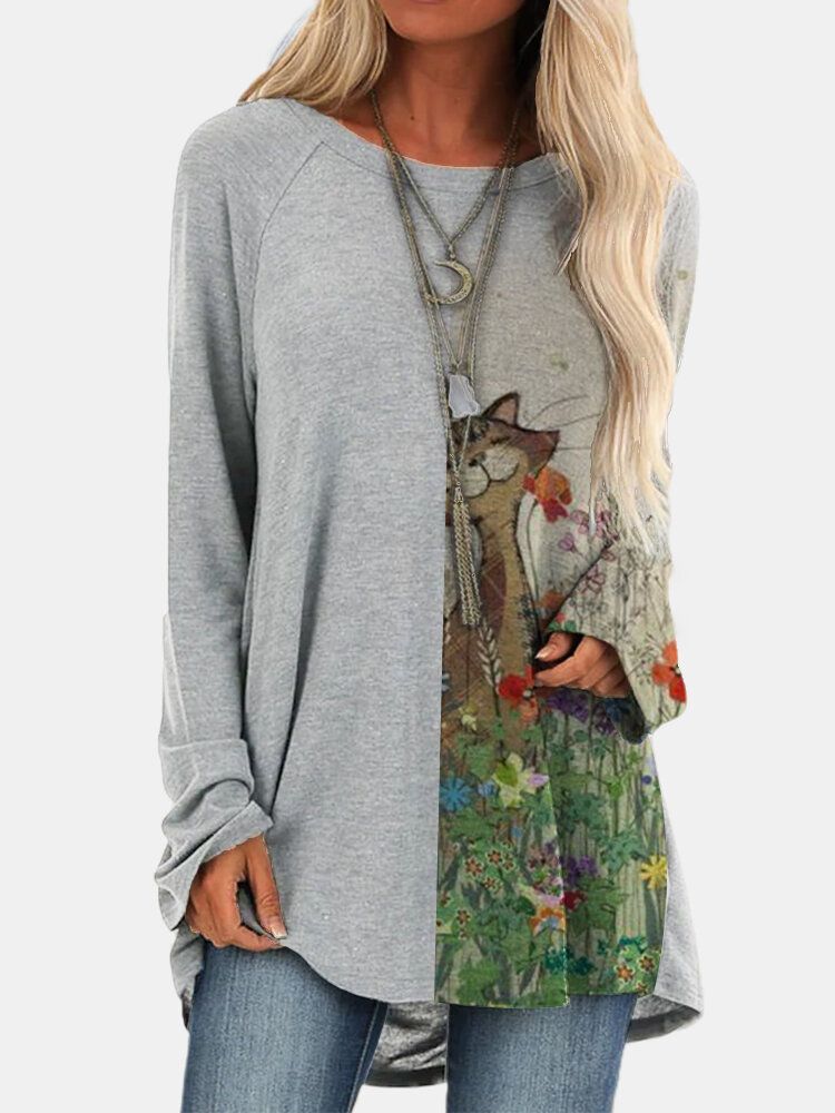 Blusa Larga Casual Con Cuello En O Con Estampado De Gato De Dibujos Animados Para Mujer