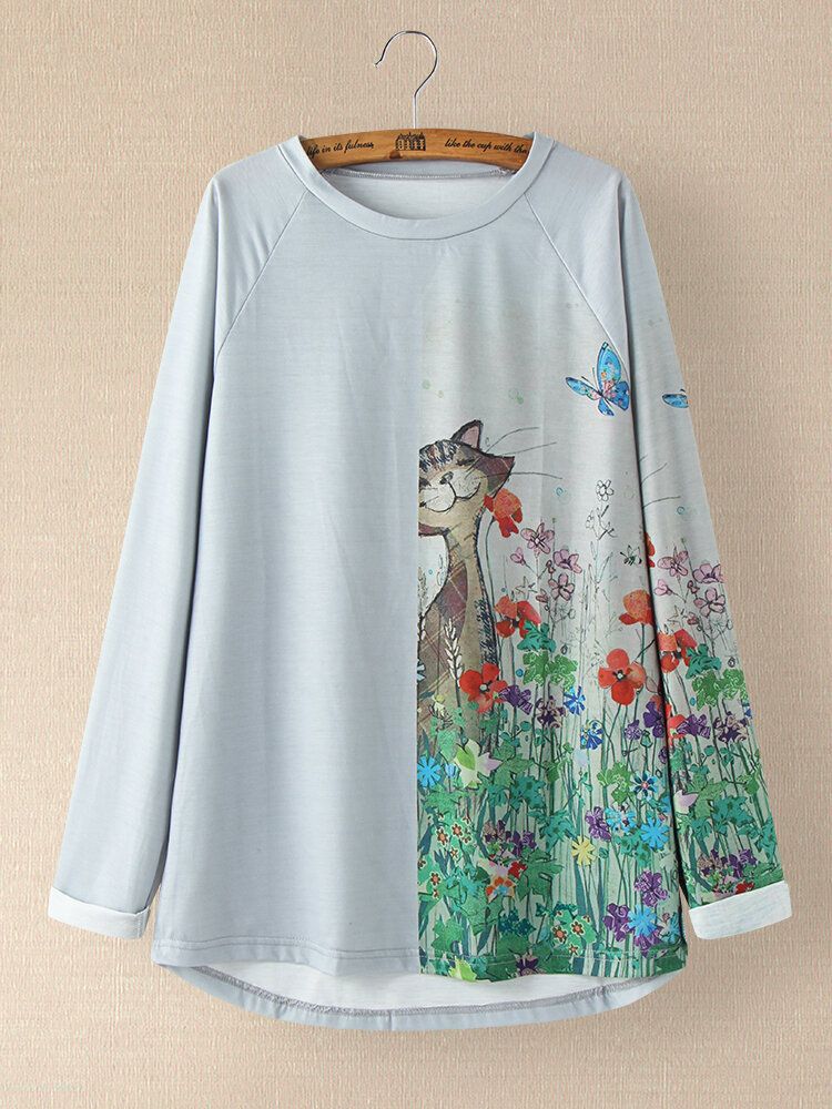 Blusa Larga Casual Con Cuello En O Con Estampado De Gato De Dibujos Animados Para Mujer