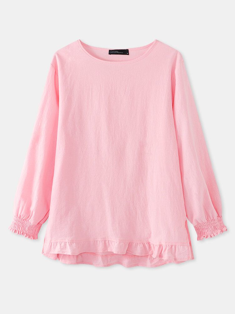 Blusa Lisa De Manga Larga Informal Con Dobladillo Con Volantes Y Cuello En O De Color Liso Para Mujer