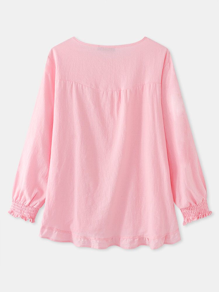 Blusa Lisa De Manga Larga Informal Con Dobladillo Con Volantes Y Cuello En O De Color Liso Para Mujer