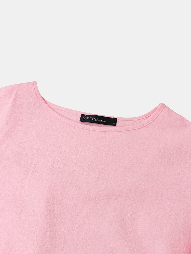 Blusa Lisa De Manga Larga Informal Con Dobladillo Con Volantes Y Cuello En O De Color Liso Para Mujer