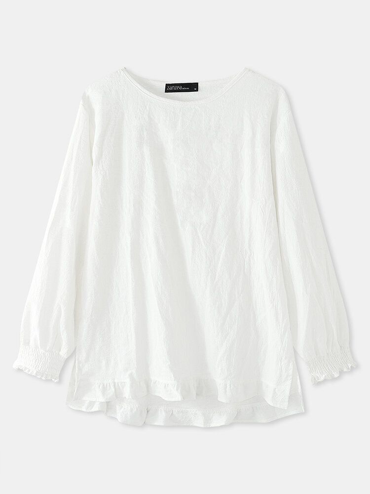 Blusa Lisa De Manga Larga Informal Con Dobladillo Con Volantes Y Cuello En O De Color Liso Para Mujer