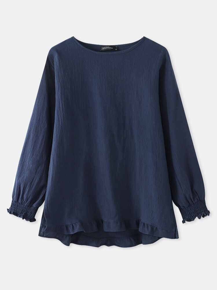 Blusa Lisa De Manga Larga Informal Con Dobladillo Con Volantes Y Cuello En O De Color Liso Para Mujer