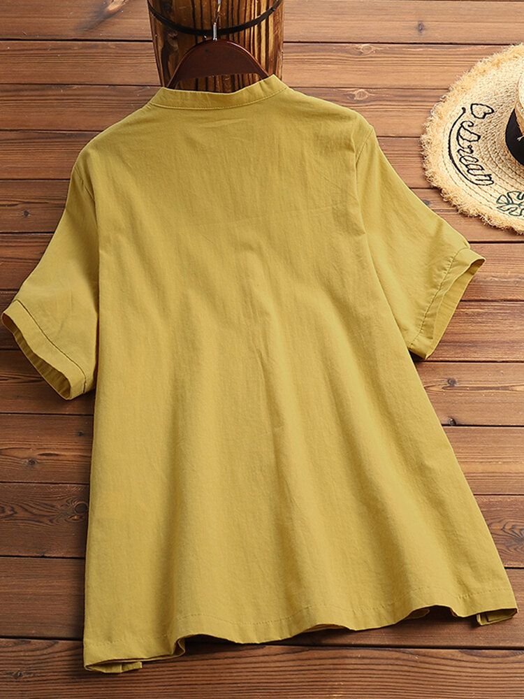 Blusa De Manga Corta Con Botones Bordados Vintage Para Mujer