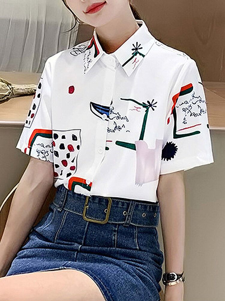 Blusa De Manga Corta Con Cuello Vuelto Y Estampado Floral Vintage Para Mujer