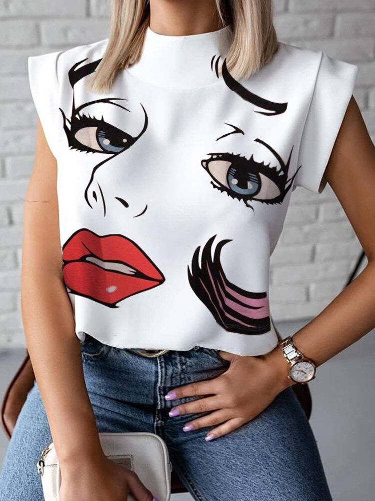 Blusa De Manga Corta Con Estilo Informal Con Cuello Alto Y Estampado De Figura Abstracta Para Mujer