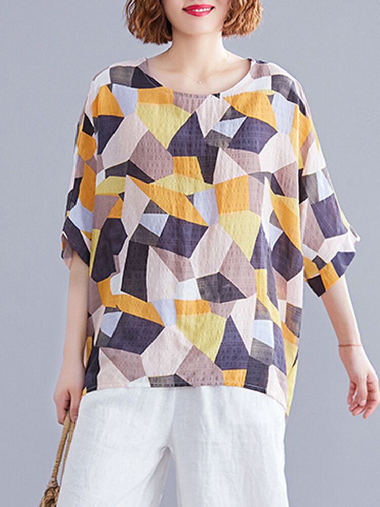 Blusa De Manga Corta Holgada Informal Con Cuello Redondo Y Estampado Geométrico Multicolor Para Mujer